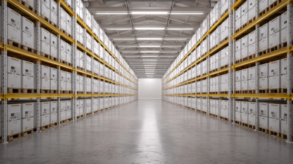 a spacious warehouse interior showcasing neatly organized shelves stacked with boxes photo