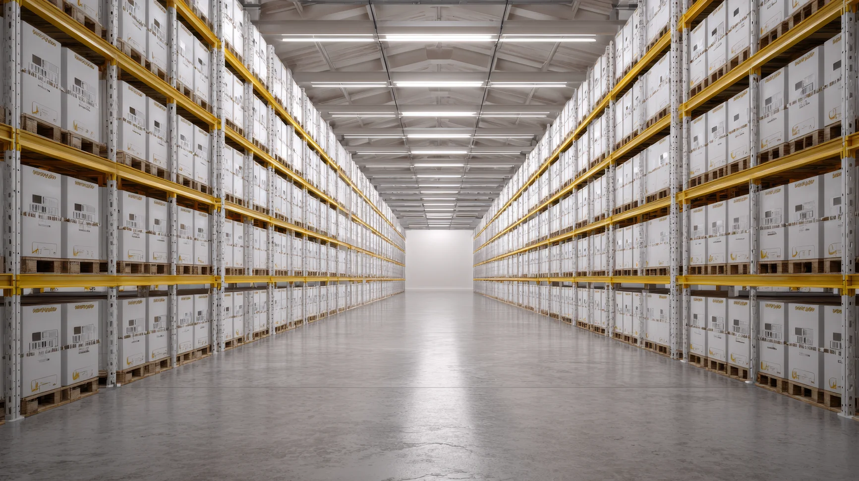 a spacious warehouse interior showcasing neatly organized shelves stacked with boxes photo